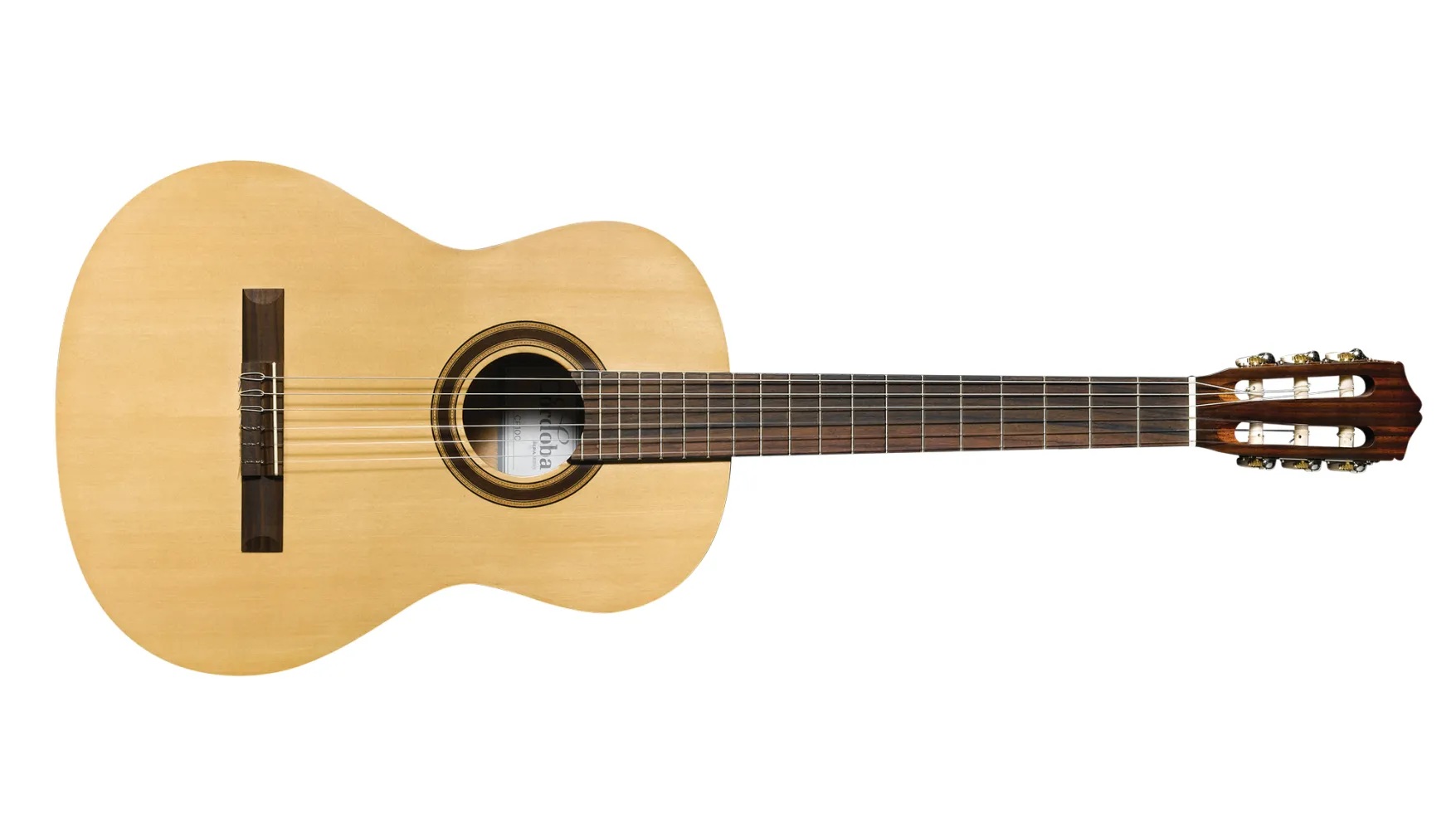 Horizontal front view of full-size Córdoba nylon string acoustic guitar