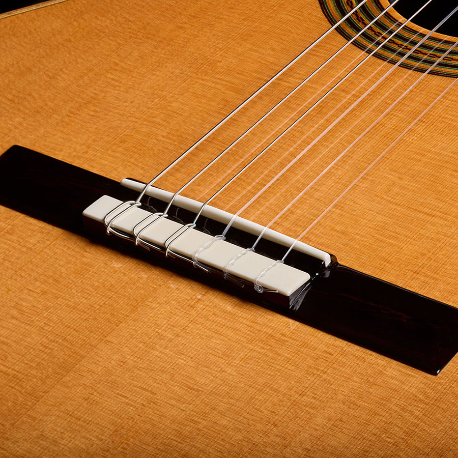 Close-up of the bridge, showing the bone saddle pieces and strings tied across the cedar top of the Orchestra CE Pro.