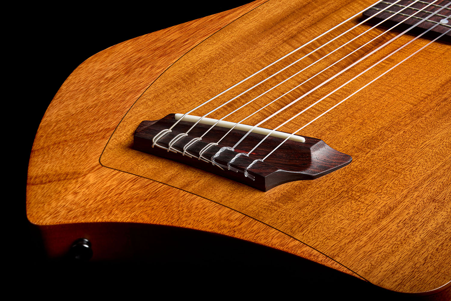 Close-up of the Abasi Stage 7 Acacia's bridge and lower bout, showing the acacia top veneer grain and side-mounted control knob.