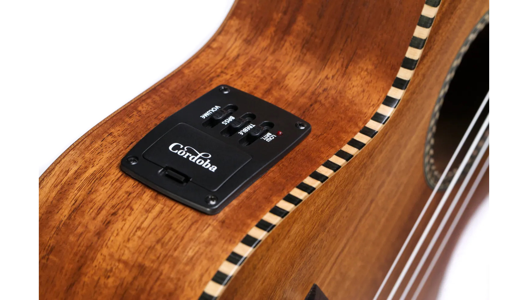 Close-up of 25T-CE ukulele electronic controls