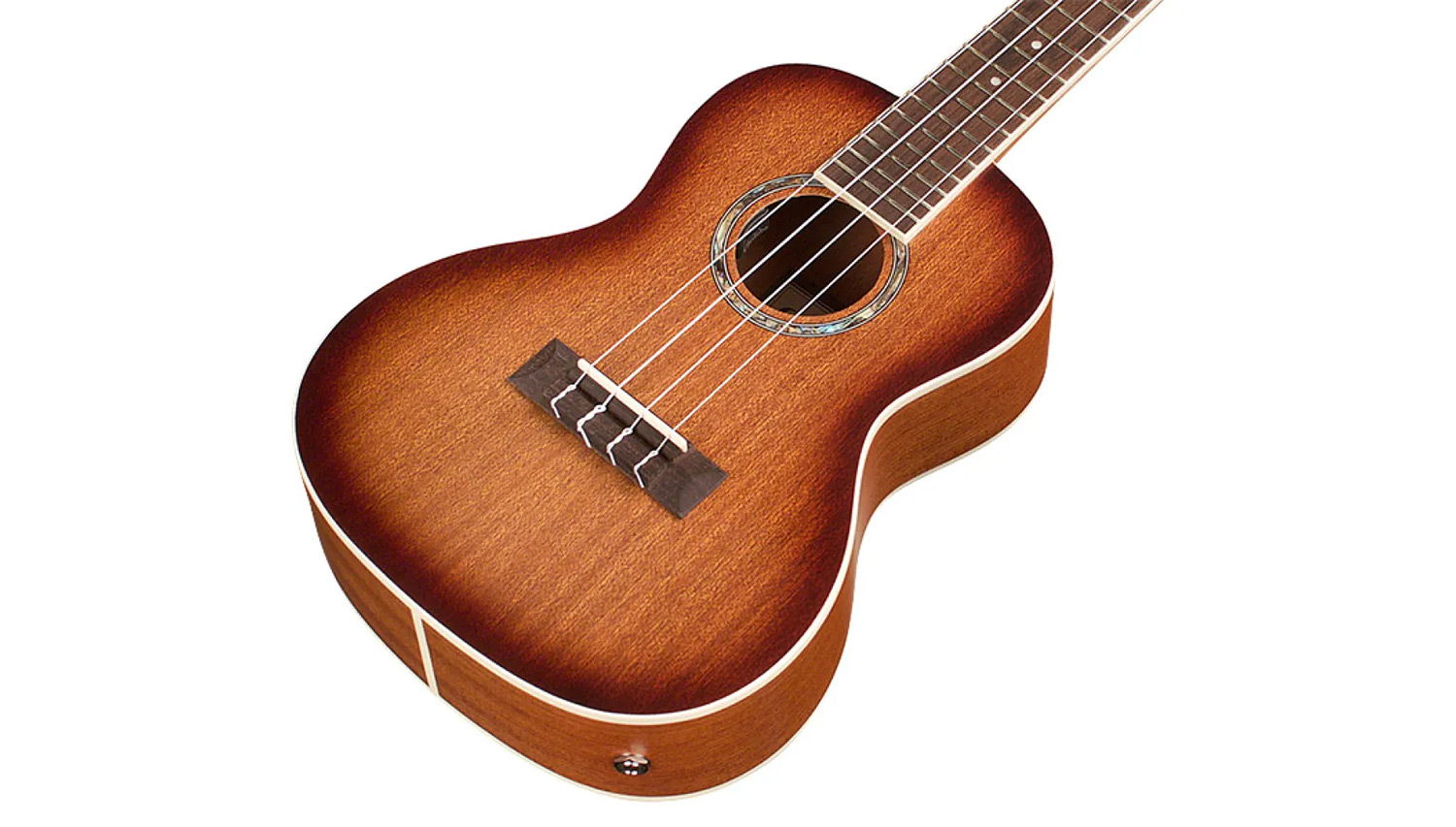 Horizontal close-up body view of 15CM-E Edge Burst ukulele