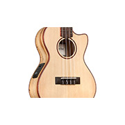 Close-up body view of 24T-CE Spruce ukulele thumb