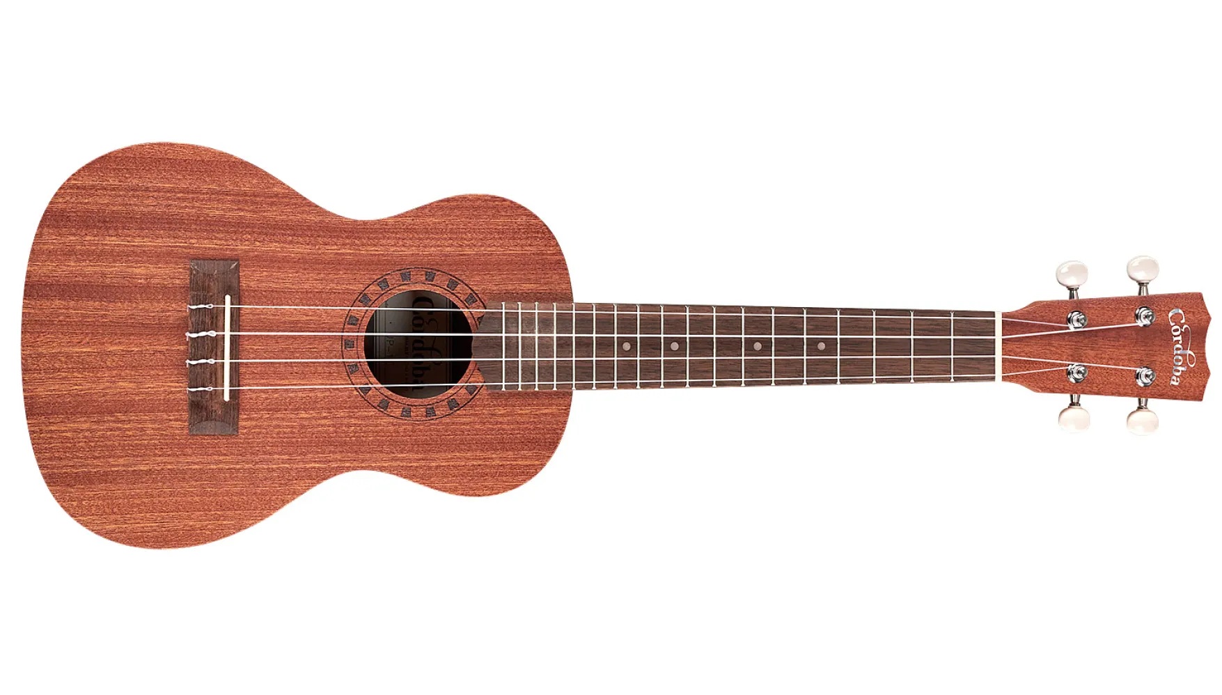 Horizontal front view of concert-sized ukulele