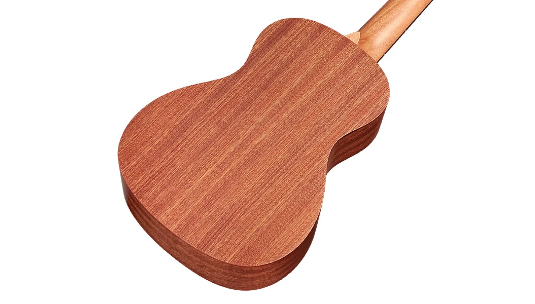 Angled back view of concert-sized ukulele