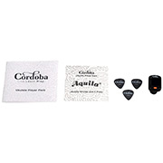 View of Ukulele Player Pack instructional booklet, Aquila strings, picks, and clip-on tuner thumb