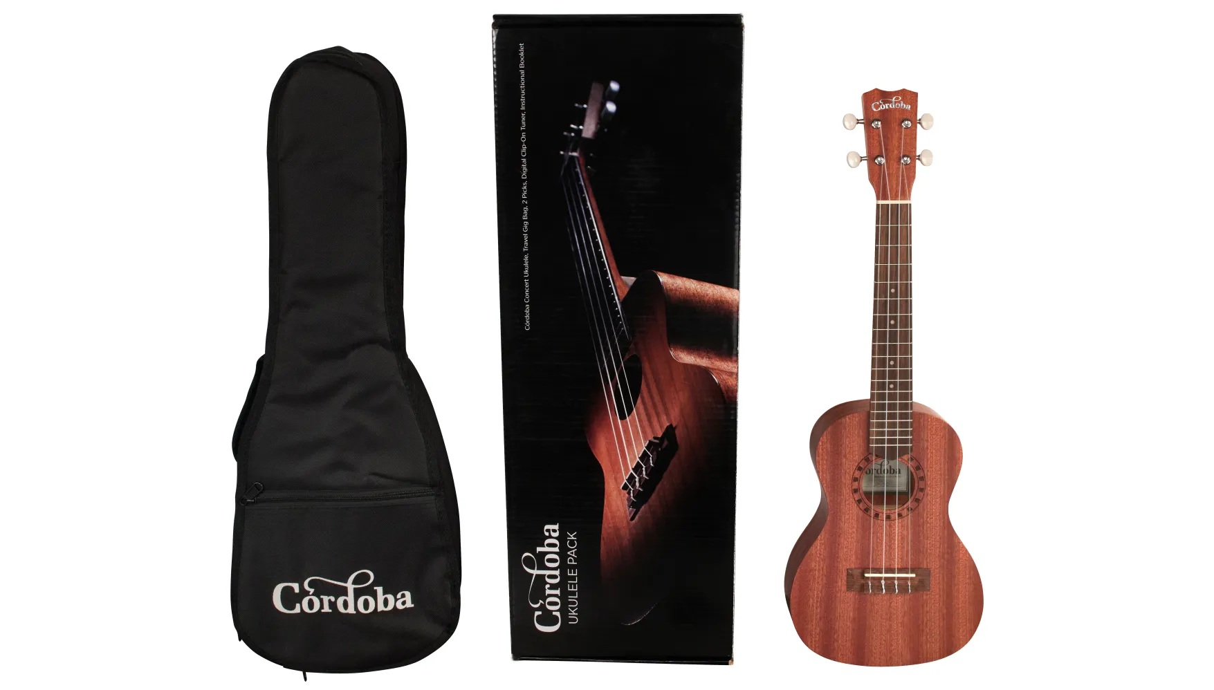 View of UP100 Ukulele case, box and front of ukulele