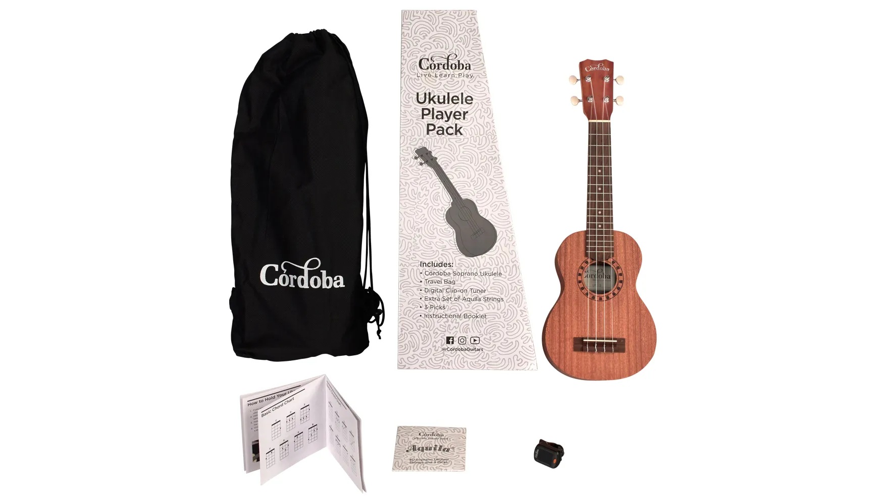 View of ukulele bag, Ukulele Player Pack S box, ukulele, booklet, Aquila strings, and clip-on tuner