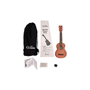 View of ukulele bag, Ukulele Player Pack S box, ukulele, booklet, Aquila strings, and clip-on tuner thumb