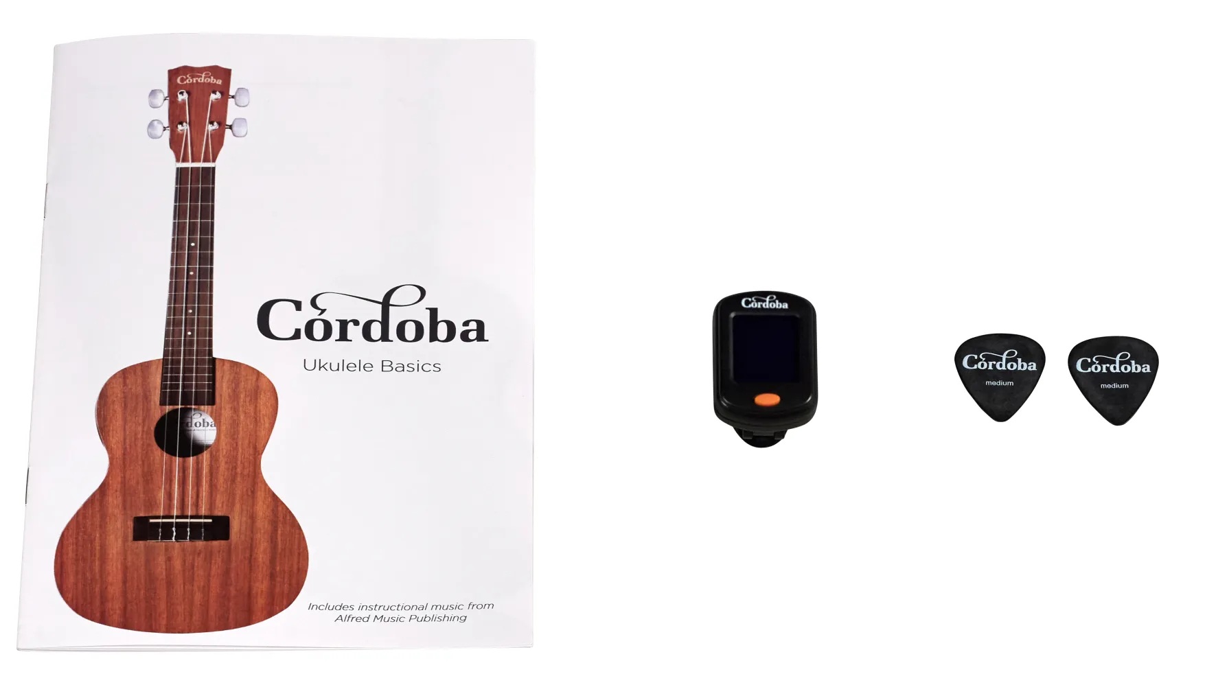 View of UP100 Ukulele Basics booklet, clip-on tuner and picks