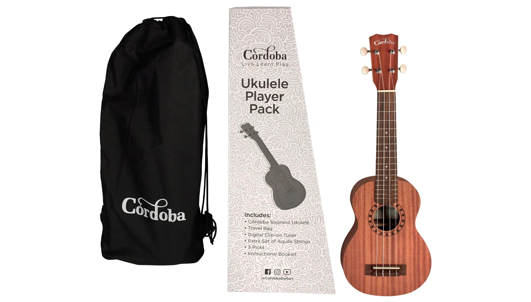 View of ukulele bag, Ukulele Player Pack S box, and ukulele