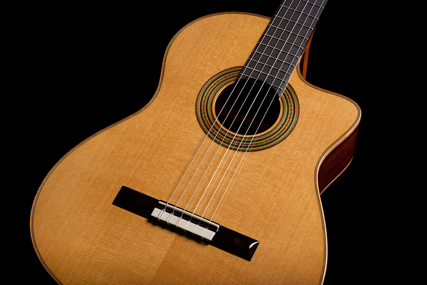 Close-up front view of the lower bout, showing the cedar top, and soundhole of the Orchestra CE Pro.
