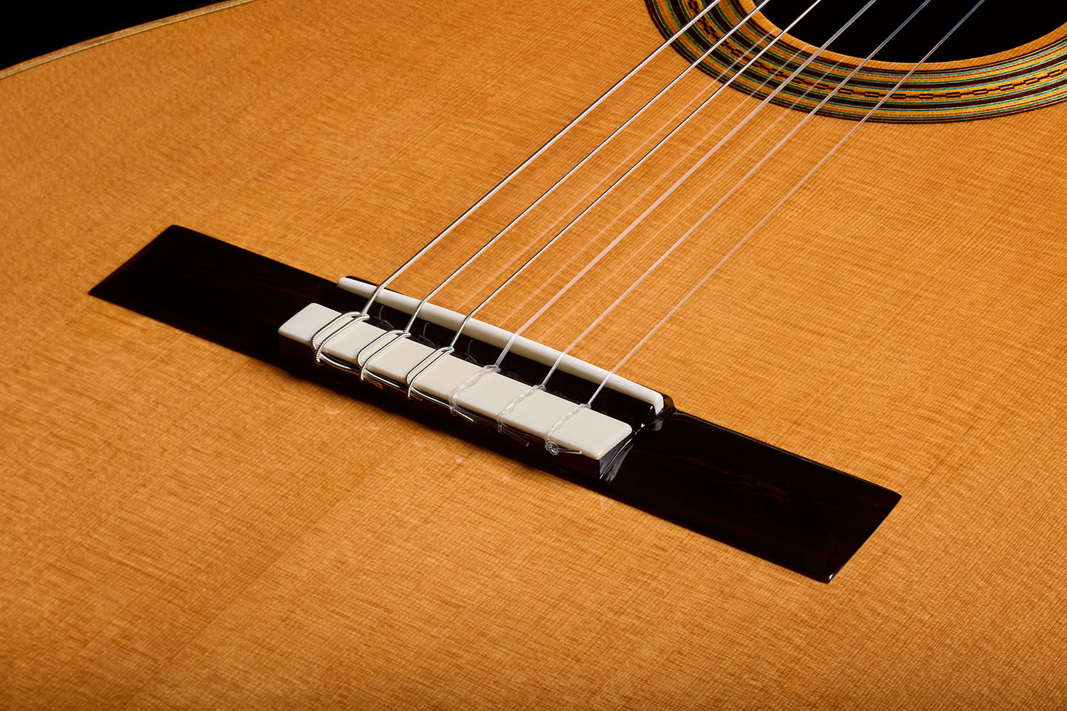 Close-up of the bridge, showing the bone saddle pieces and strings tied across the cedar top of the Orchestra CE Pro.
