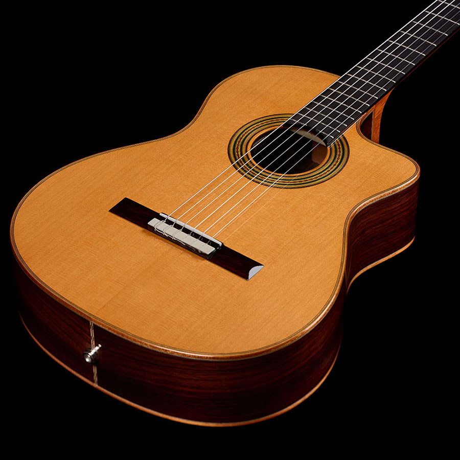 Front view of the cutaway body and neck, showing the cedar top, bridge, and rosette-ringed soundhole of the Orchestra CE Pro.