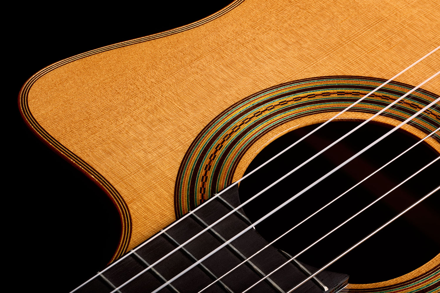 Orchestra CE Pro close-up of the upper bout, showing the cutaway edge next to the rosette-ringed soundhole and fretboard.