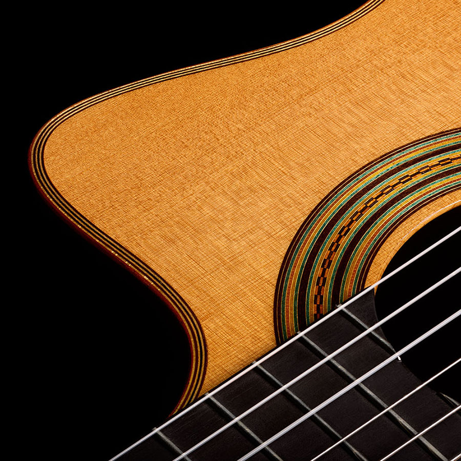 Orchestra CE Pro close-up of the upper bout, showing the cutaway edge next to the rosette-ringed soundhole and fretboard.
